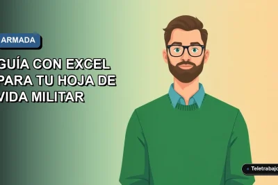 Ilustración vectorial plana de un hombre con suéter verde, estilo Corporate Memphis, sobre fondo degradado azul. Representa postulación a la Armada de Chile con guía en Excel.
