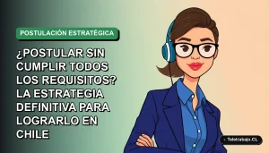 Ilustración vectorial plana de una mujer profesional chilena con blusa azul y lentes, sobre fondo degradado verde, representando estrategia de postulación laboral.
