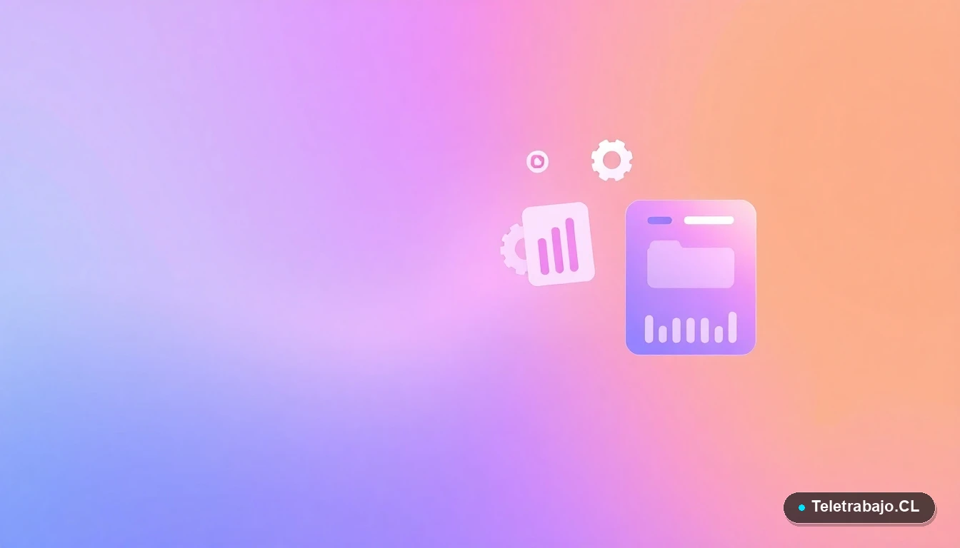 Ilustración abstracta de interfaz de usuario tecnológica con gráficos flotantes y engranajes sobre fondo degradado lavanda, concepto de estrategia y proceso.