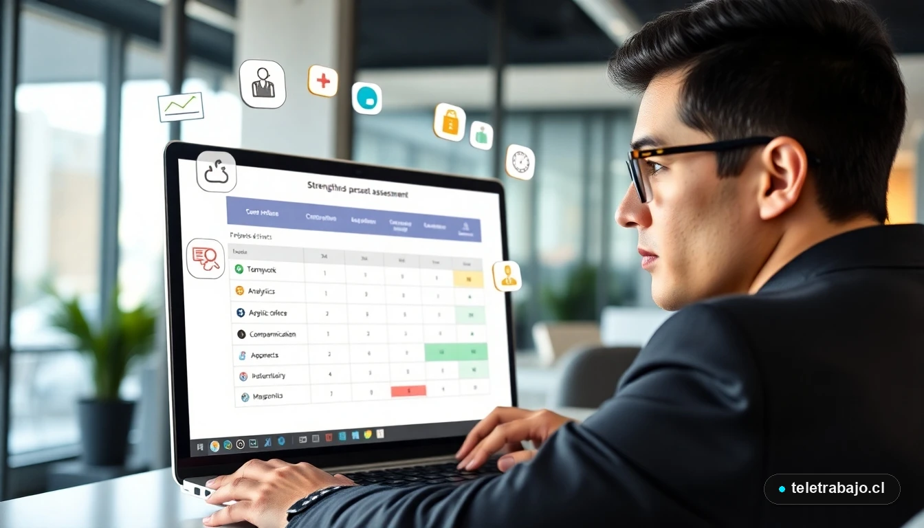 Profesional chileno analizando sus fortalezas laborales en una oficina moderna con herramientas digitales