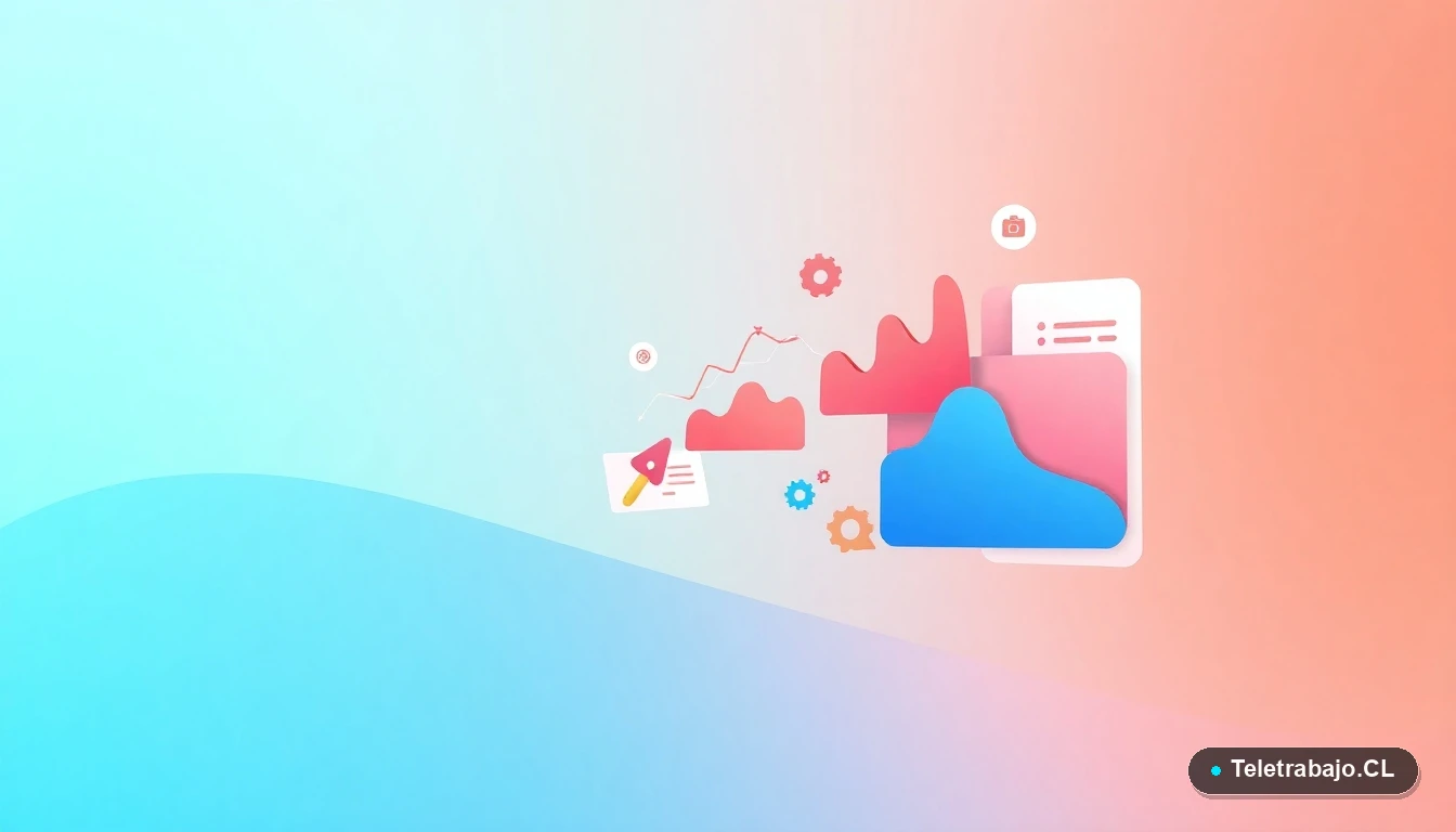 Ilustración vectorial abstracta de interfaz de usuario con gráficos flotantes, engranajes y carpetas estilizadas, sobre fondo degradado de menta y azul cielo, representando innovación tecnológica.