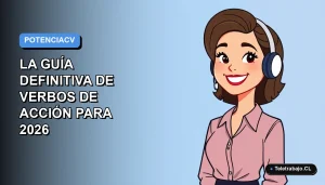 Ilustración plana de trabajadora remota chilena sonriendo junto a un escritorio moderno, fondo con gradiente azul.