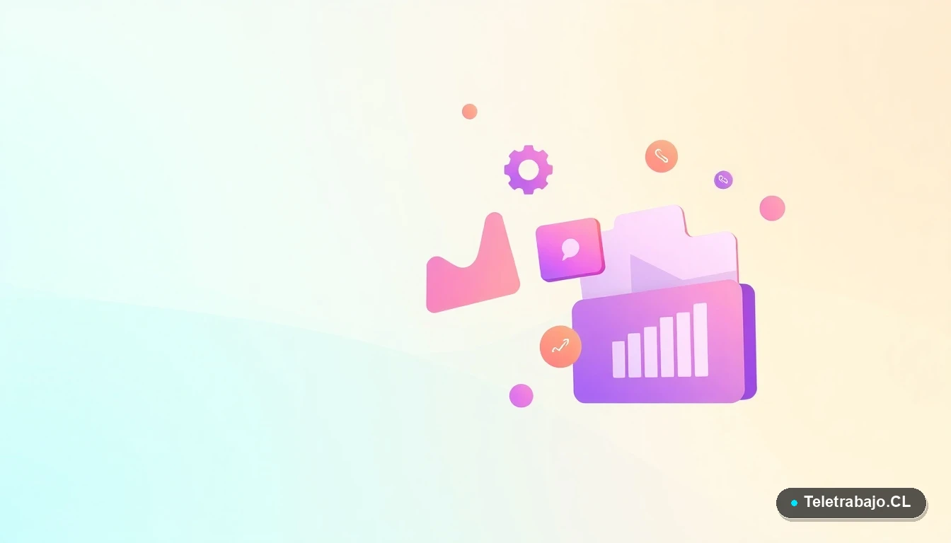 Composición abstracta de interfaz de usuario con gráficos y iconos flotantes, sobre fondo con gradiente de colores suaves.