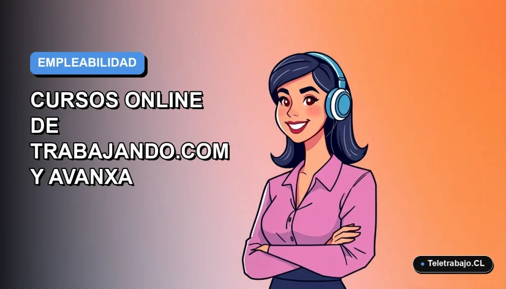 Ilustración vectorial plana de una mujer profesional chilena sonriendo, con fondo degradado azul y naranja, representando capacitación online para el futuro laboral.