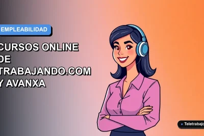 Ilustración vectorial plana de una mujer profesional chilena sonriendo, con fondo degradado azul y naranja, representando capacitación online para el futuro laboral.