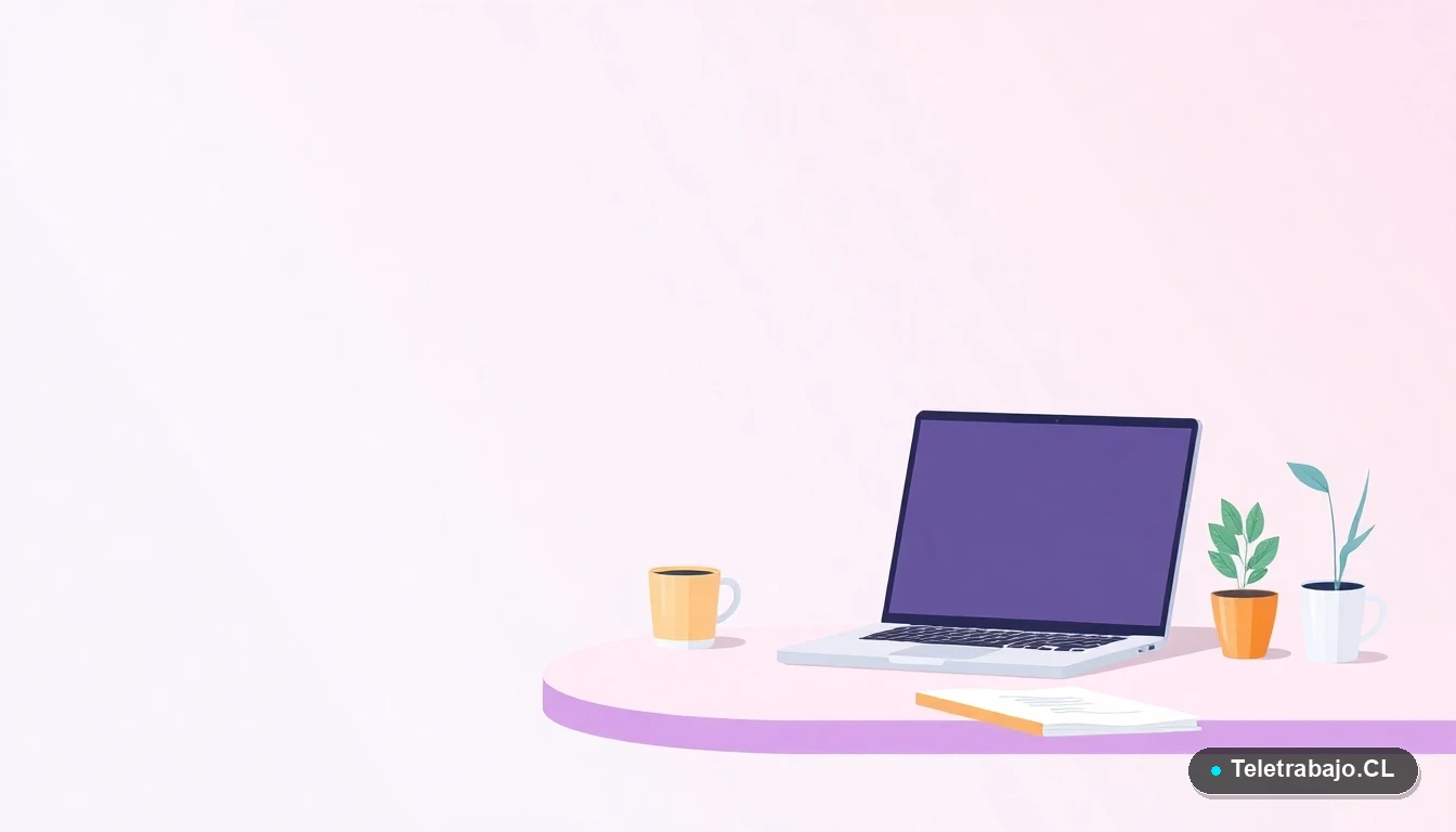 Escritorio moderno minimalista con laptop, cuaderno y planta, en estilo ilustración vectorial plana, sobre fondo degradado lavanda y menta.