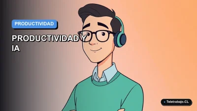 Ilustración vectorial plana moderna de un trabajador remoto masculino en Chile, representando productividad con herramientas digitales como IA, Excel y Teams, sobre un fondo degradado azul y blanco.