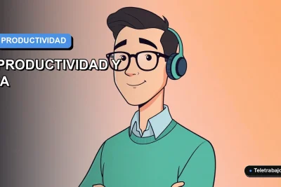 Ilustración vectorial plana moderna de un trabajador remoto masculino en Chile, representando productividad con herramientas digitales como IA, Excel y Teams, sobre un fondo degradado azul y blanco.