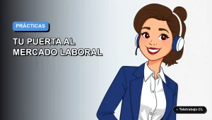 Ilustración plana corporativa de una mujer joven profesional con blusa blanca y chaqueta azul, sonriendo, sobre un fondo degradado azul y blanco. Representa oportunidades de prácticas profesionales en Chile.