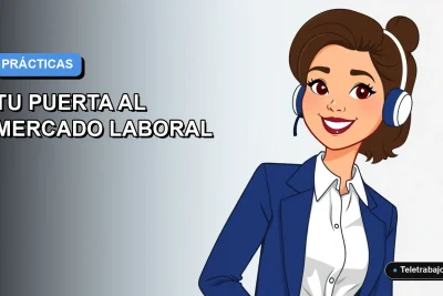 Ilustración plana corporativa de una mujer joven profesional con blusa blanca y chaqueta azul, sonriendo, sobre un fondo degradado azul y blanco. Representa oportunidades de prácticas profesionales en Chile.