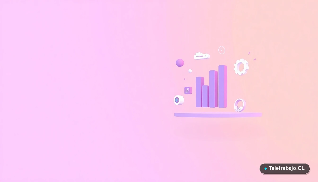 Composición abstracta de elementos de interfaz de usuario tecnológica, con gráficos y iconos flotantes en tonos lavanda y durazno, sobre fondo degradado. Concepto de datos y oportunidades profesionales.