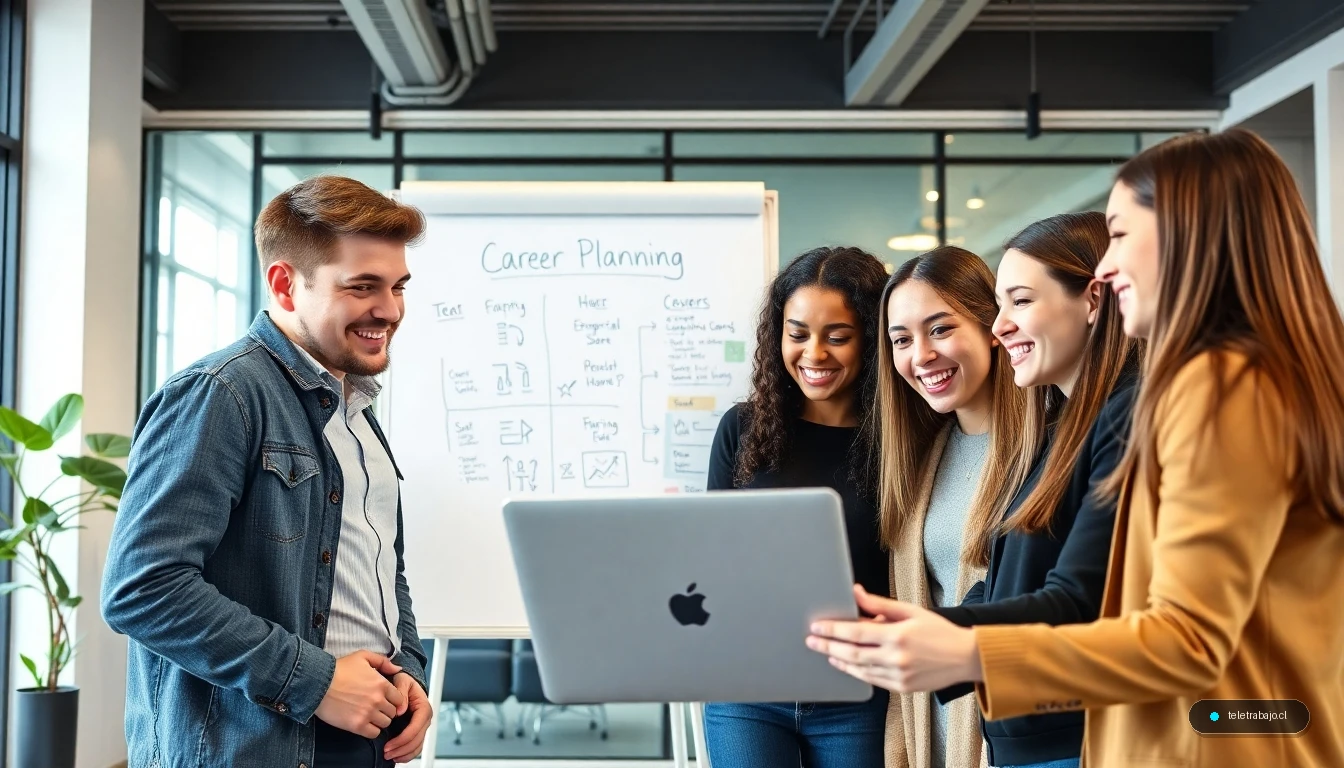 Estudiantes universitarios realizando prácticas extracurriculares en una oficina moderna colaborando en un proyecto profesional