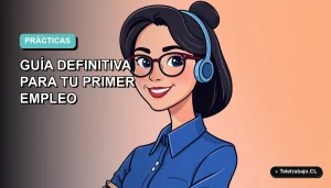 Ilustración plana vectorial de una mujer joven profesional con blusa azul y lentes, sonriendo, sobre un fondo degradado suave azul y verde. Espacio negativo a la izquierda.
