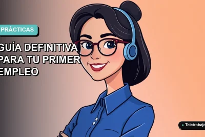 Ilustración plana vectorial de una mujer joven profesional con blusa azul y lentes, sonriendo, sobre un fondo degradado suave azul y verde. Espacio negativo a la izquierda.