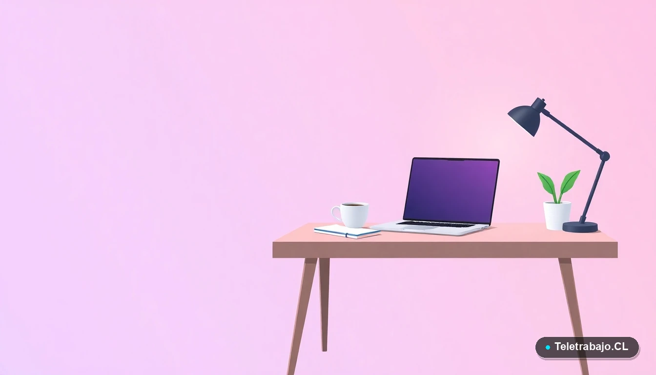 Ilustración vectorial de un escritorio moderno vacío con laptop, cuaderno, taza de café y una planta, sobre un fondo degradado lila y gris. Concepto de espacio de trabajo preparado.