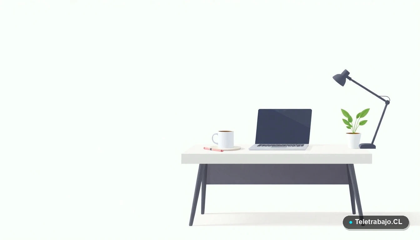 Escritorio moderno minimalista con laptop, cuaderno y taza de café, ilustración vectorial plana sobre fondo degradado verde menta, concepto de espacio de trabajo profesional.