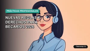 Ilustración plana corporativa de una mujer profesional joven con blusa azul y lentes, sobre fondo degradado verde azulado, representando las nuevas prácticas profesionales en Chile 2026.