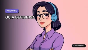Ilustración plana corporativa de una mujer profesional de teletrabajo, con fondo degradado lavanda y espacio negativo a la izquierda.