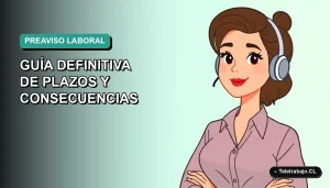 Ilustración plana corporativa de una mujer profesional chilena trabajando remotamente, sobre fondo degradado azul verdoso. Concepto de preaviso laboral y ley del trabajo.
