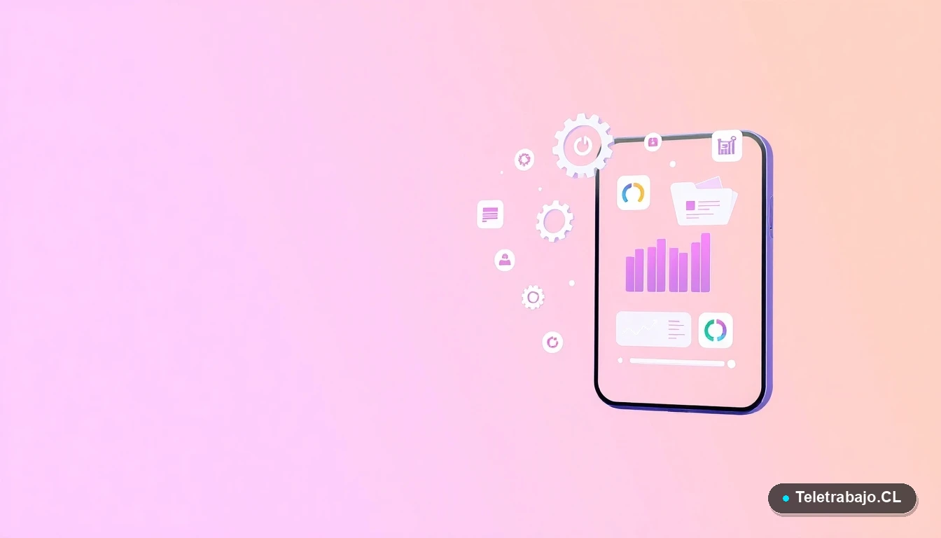 Elementos de interfaz de usuario abstractos y minimalistas: gráficos flotantes, engranajes y carpetas, sobre fondo degradado lila y durazno. Concepto de procesos, plazos y gestión laboral digital.