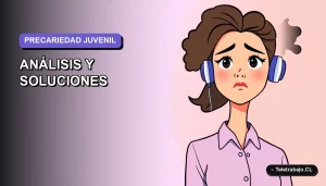 Ilustración vectorial plana de una mujer joven profesional con expresión preocupada, sobre un fondo degradado lavanda suave, representando la incertidumbre laboral.