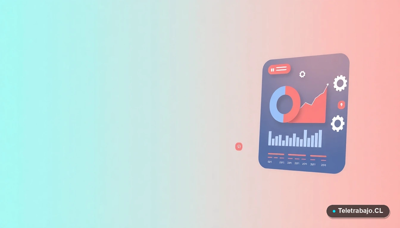 Interfaz de usuario abstracta con gráficos y iconos flotantes, sobre un fondo degradado de menta a verde azulado, simbolizando el análisis de datos laborales.