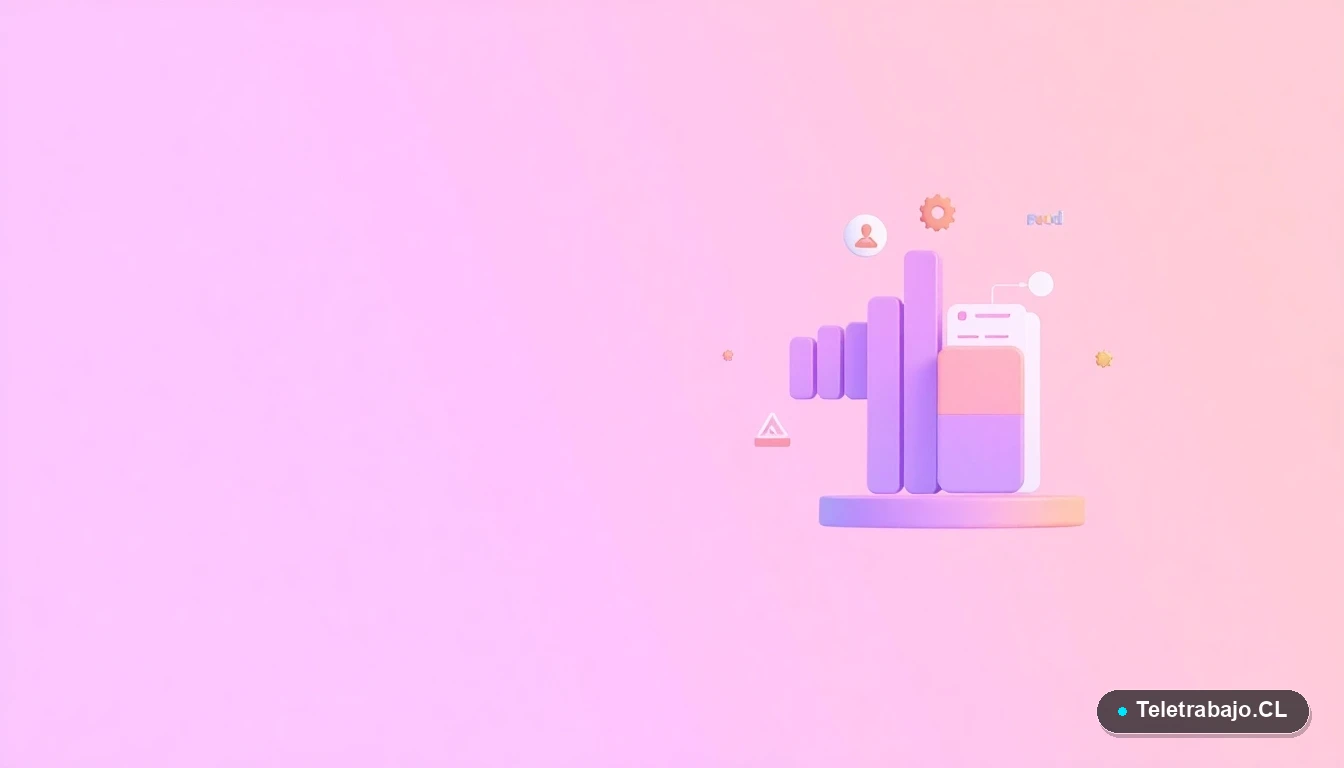 Ilustración abstracta de interfaz de usuario con gráficos flotantes, un engranaje y una carpeta en colores lavanda y durazno. Fondo degradado lavanda vacío.