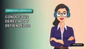 Ilustración plana corporativa de una trabajadora chilena de tecnología con expresión de seguridad, sobre fondo degradado verde azulado, representando el conocimiento de derechos en entrevistas laborales.