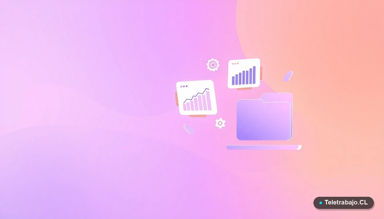 Ilustración abstracta de interfaz de usuario con gráficos y iconos flotantes, sobre fondo degradado lila y melocotón, concepto de regulación y procesos laborales transparentes.