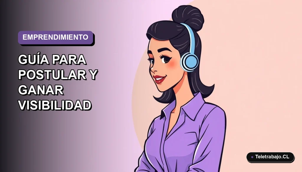 Ilustración plana de una emprendedora chilena sonriente, con fondo degradado lavanda, para guía de postulación a premios.
