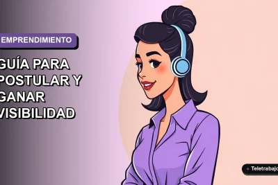 Ilustración plana de una emprendedora chilena sonriente, con fondo degradado lavanda, para guía de postulación a premios.