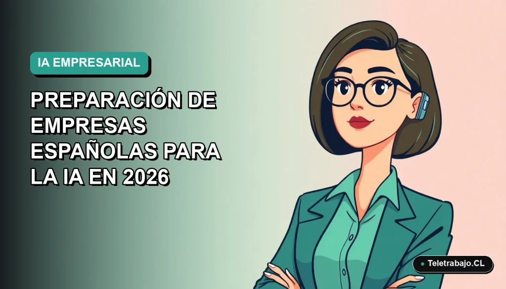 Ilustración plana vectorial de una trabajadora remota de tecnología mirando hacia la izquierda, con fondo degradado azul verdoso. Tema de inteligencia artificial y empresas.