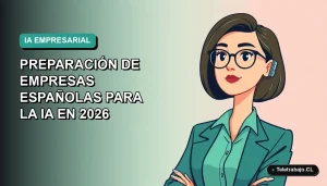 Ilustración plana vectorial de una trabajadora remota de tecnología mirando hacia la izquierda, con fondo degradado azul verdoso. Tema de inteligencia artificial y empresas.