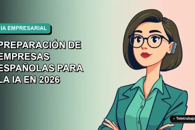 Ilustración plana vectorial de una trabajadora remota de tecnología mirando hacia la izquierda, con fondo degradado azul verdoso. Tema de inteligencia artificial y empresas.