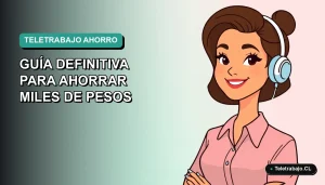 Ilustración plana vectorial de mujer profesional chilena teletrabajando con fondo degradado verde azulado, concepto de ahorro y presupuesto para trabajo remoto.