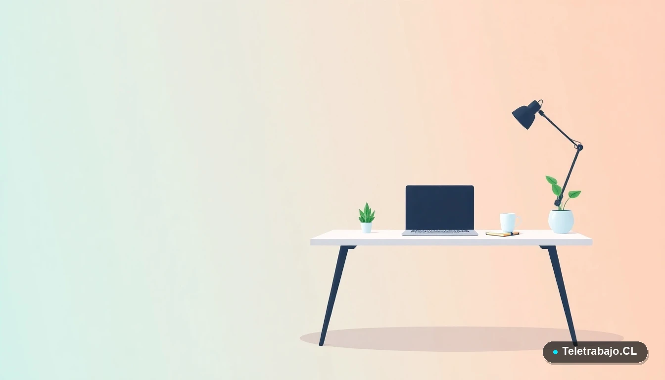 Escritorio moderno minimalista para teletrabajo con laptop, cuaderno, taza de café y planta, sobre fondo degradado fresco, representando un setup de oficina en casa eficiente.