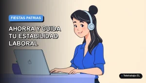 Ilustración plana corporativa de una mujer profesional chilena sonriente, con blusa azul, junto a elementos de oficina moderna. Fondo degradado suave azul y gris.