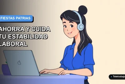 Ilustración plana corporativa de una mujer profesional chilena sonriente, con blusa azul, junto a elementos de oficina moderna. Fondo degradado suave azul y gris.