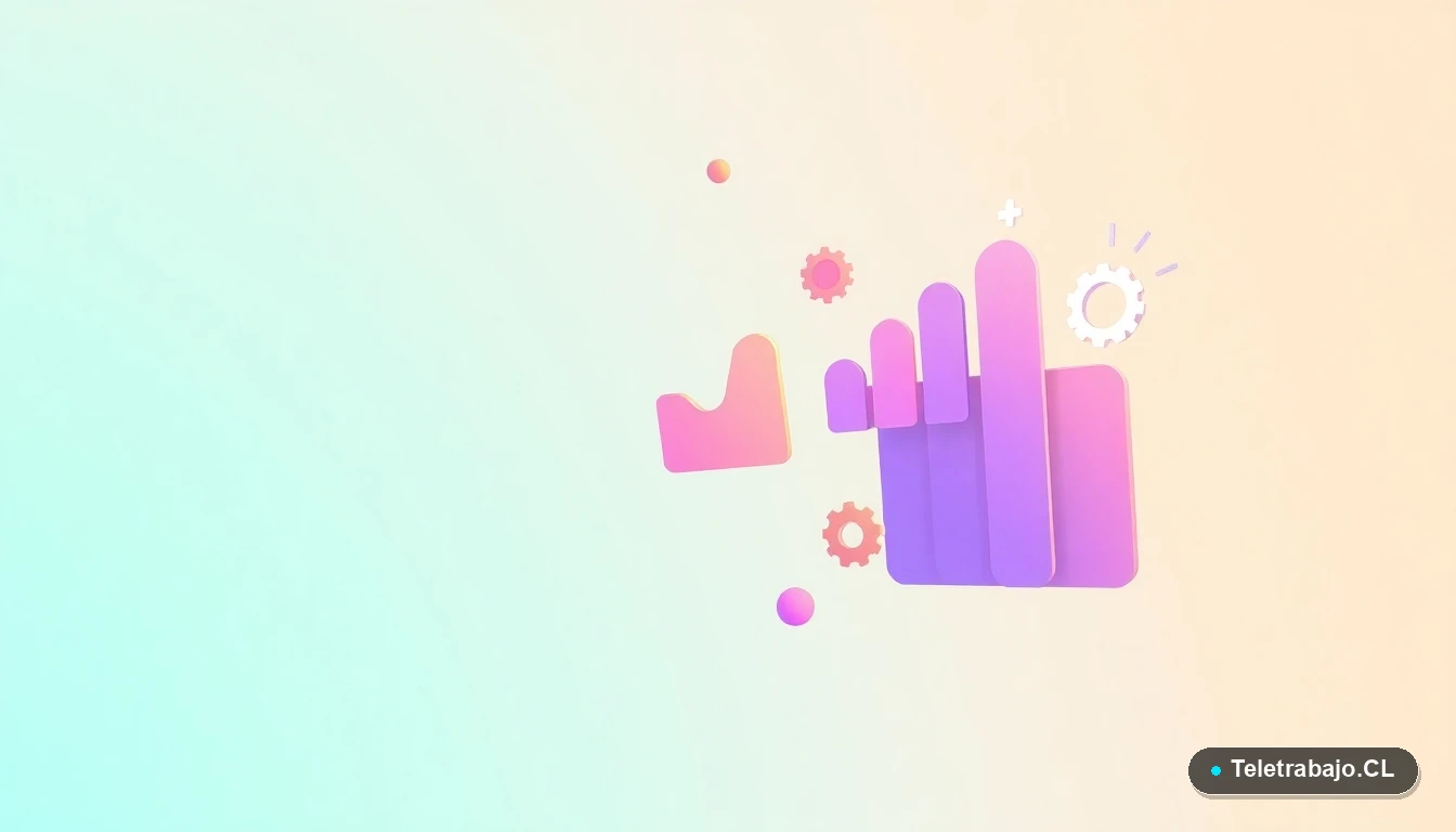 Composición abstracta de interfaz de usuario con gráficos, engranajes y carpetas flotantes en tonos lavanda y durazno, sobre fondo degradado verde menta. Concepto de planificación y tecnología.