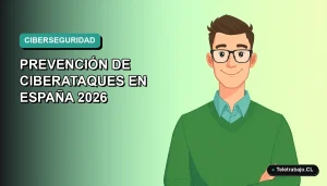 Ilustración plana corporativa de un trabajador tecnológico masculino con suéter verde, sobre un fondo degradado suave de color verde azulado, representando la prevención de ciberataques en España.