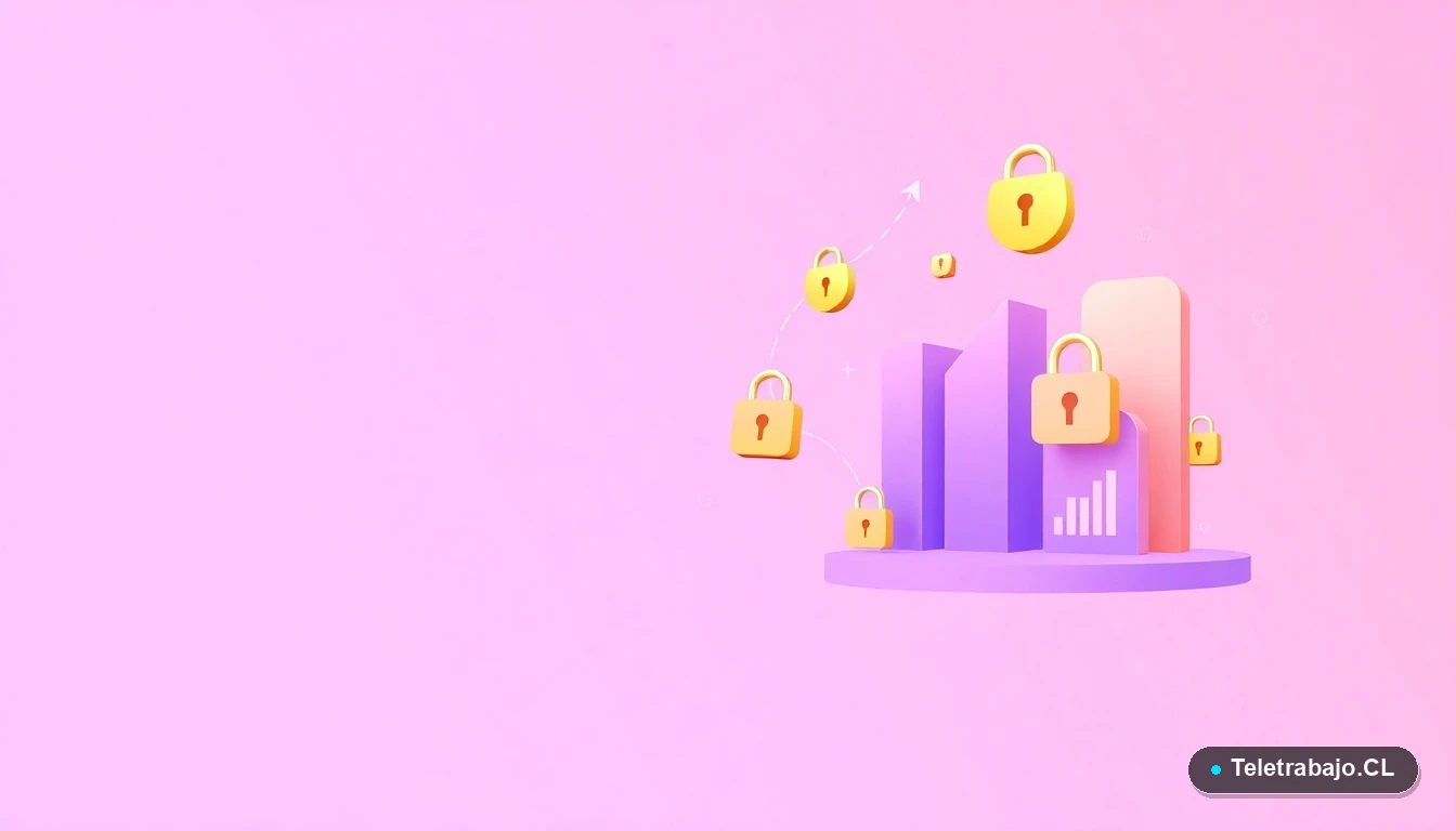 Interfaz de usuario abstracta con gráficos flotantes, candados y escudos en tonos lavanda y durazno, sobre fondo degradado, concepto de seguridad digital y prevención.