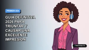 Ilustración plana vectorial de una mujer profesional chilena sonriendo, con fondo degradado azul y gris, representando el primer día de trabajo remoto.