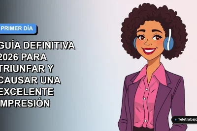 Ilustración plana vectorial de una mujer profesional chilena sonriendo, con fondo degradado azul y gris, representando el primer día de trabajo remoto.