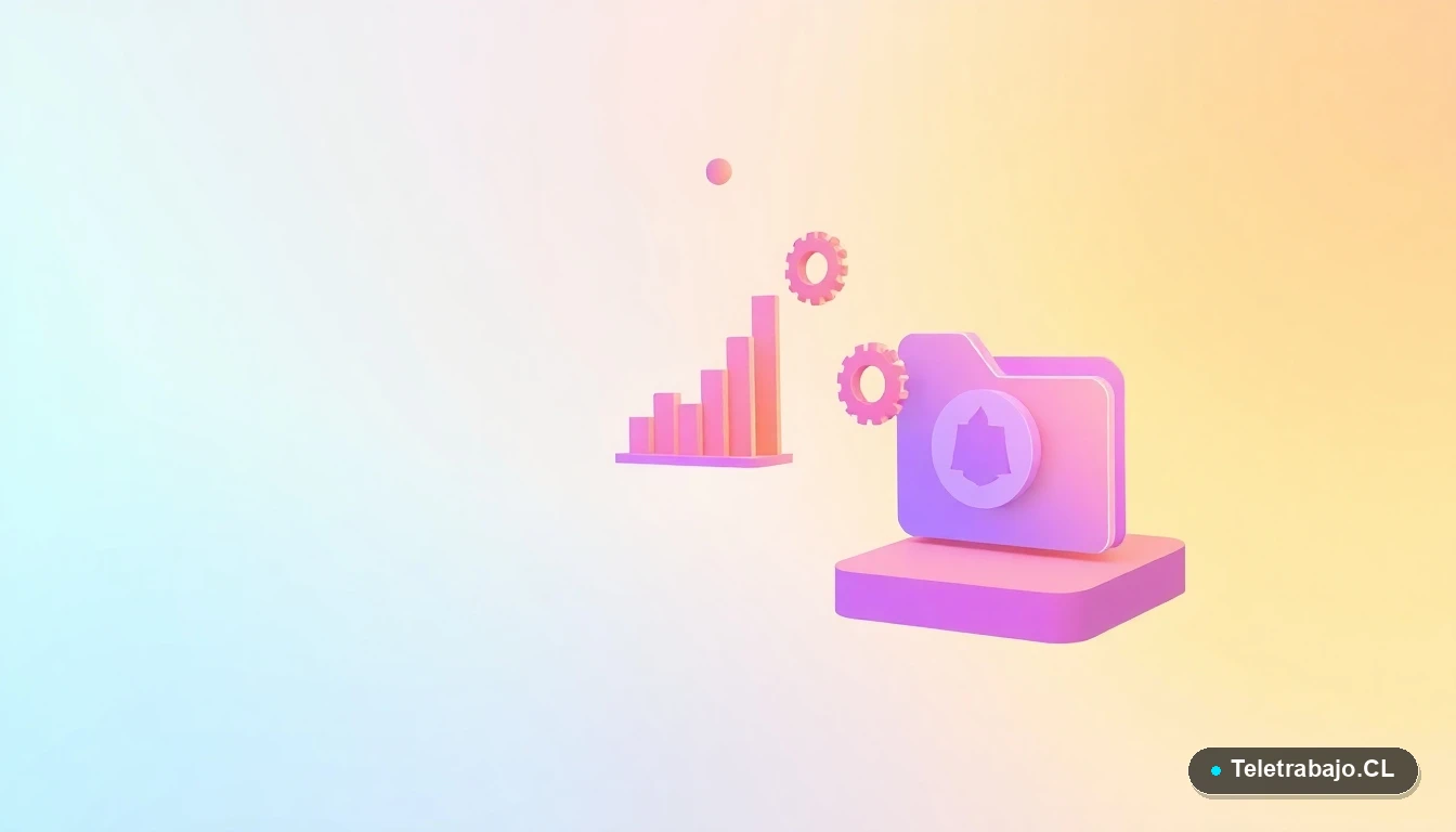 Elementos abstractos de interfaz de usuario tecnológica, gráficos y engranajes flotantes en estilo ilustración plana, con colores lavanda y durazno.