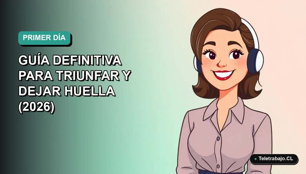 Ilustración plana corporativa de una mujer profesional chilena sonriendo, con fondo degradado azul verdoso, representando el éxito en el primer día de trabajo remoto.