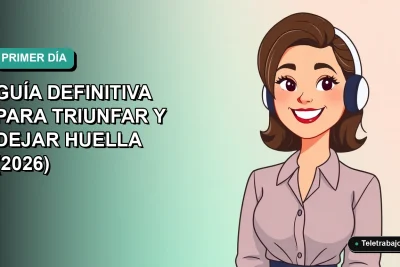 Ilustración plana corporativa de una mujer profesional chilena sonriendo, con fondo degradado azul verdoso, representando el éxito en el primer día de trabajo remoto.