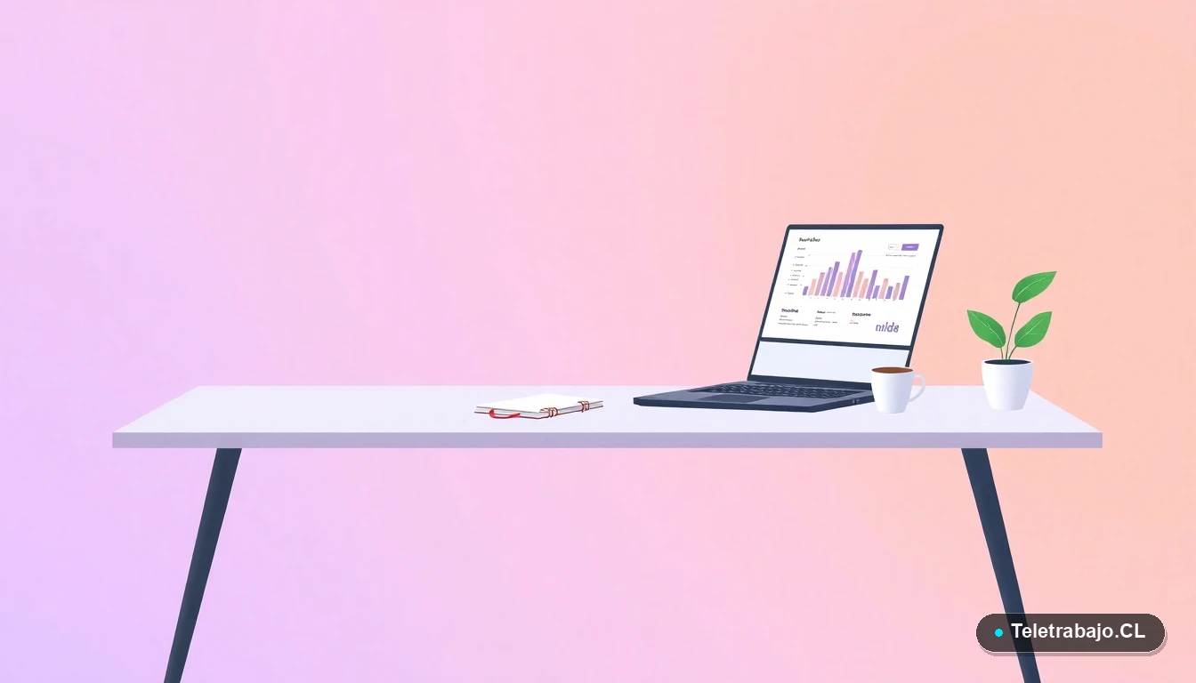 Escritorio moderno minimalista para trabajo remoto en Chile, con laptop, gráficos abstractos, taza de café y planta, sobre fondo degradado lavanda y durazno.