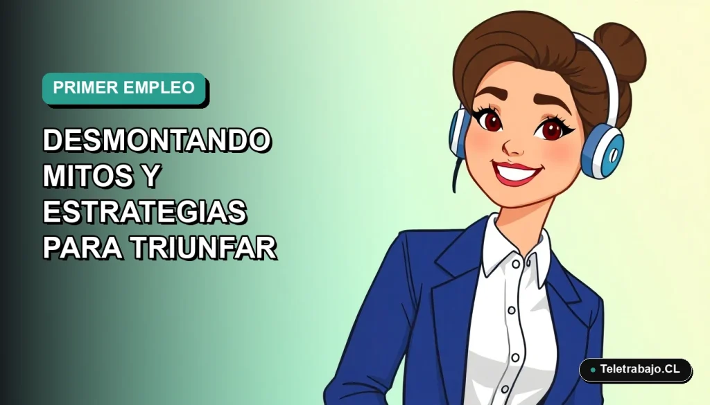 Ilustración plana corporativa de una mujer joven profesional chilena sonriendo, con camisa blanca y chaqueta azul, sobre fondo degradado suave verde azulado. Espacio negativo a la izquierda.