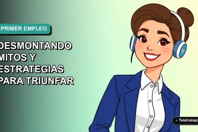Ilustración plana corporativa de una mujer joven profesional chilena sonriendo, con camisa blanca y chaqueta azul, sobre fondo degradado suave verde azulado. Espacio negativo a la izquierda.