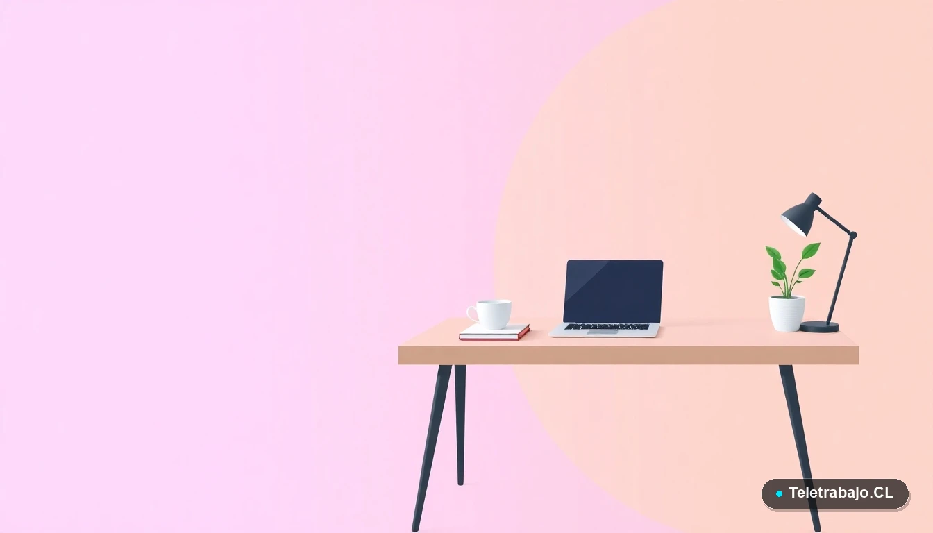 Escritorio moderno minimalista para teletrabajo, con laptop, cuaderno, taza de café y planta suculenta, ilustrado en estilo vectorial plano sobre fondo degradado lila y durazno.